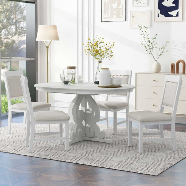 English Elm Trexm Retro 5 Piece Extendable Dining Set with Carved Legs and Linen Upholstered Chairs Antique White ST000114AAK