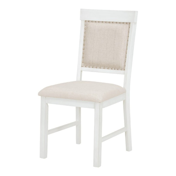 English Elm Trexm Retro 5 Piece Extendable Dining Set with Carved Legs and Linen Upholstered Chairs Antique White ST000114AAK
