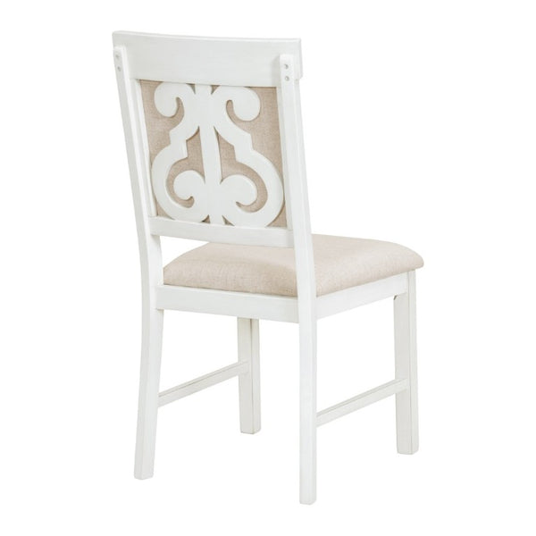 English Elm Trexm Retro 5 Piece Extendable Dining Set with Carved Legs and Linen Upholstered Chairs Antique White ST000114AAK