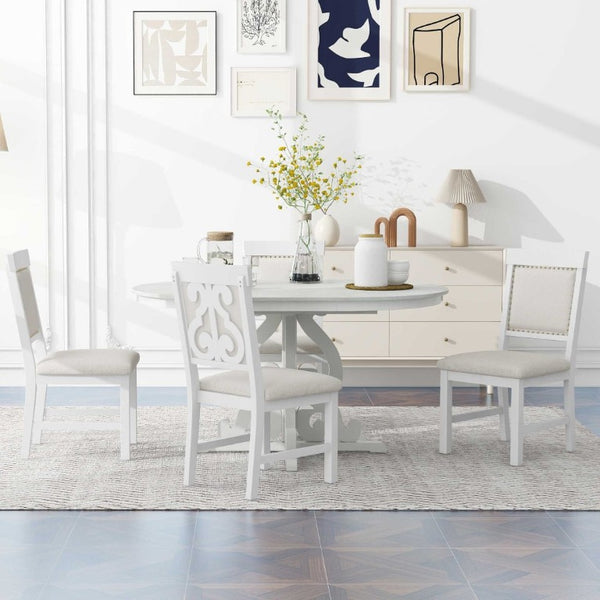 English Elm Trexm Retro 5 Piece Extendable Dining Set with Carved Legs and Linen Upholstered Chairs Antique White ST000114AAK