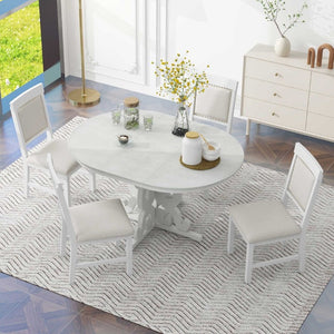 English Elm Trexm Retro 5 Piece Extendable Dining Set with Carved Legs and Linen Upholstered Chairs Antique White ST000114AAK