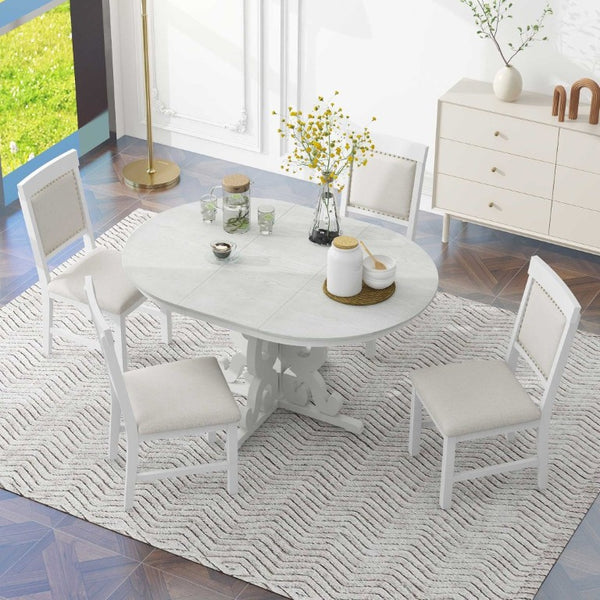 English Elm Trexm Retro 5 Piece Extendable Dining Set with Carved Legs and Linen Upholstered Chairs Antique White ST000114AAK