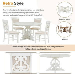 English Elm Trexm Retro 5 Piece Extendable Dining Set with Carved Legs and Linen Upholstered Chairs Antique White ST000114AAK