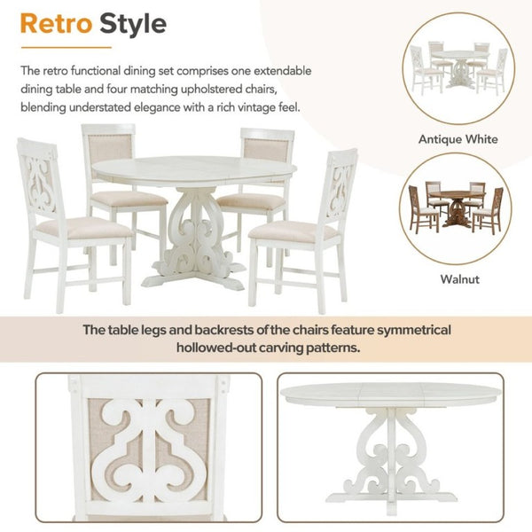 English Elm Trexm Retro 5 Piece Extendable Dining Set with Carved Legs and Linen Upholstered Chairs Antique White ST000114AAK