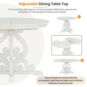 English Elm Trexm Retro 5 Piece Extendable Dining Set with Carved Legs and Linen Upholstered Chairs Antique White ST000114AAK