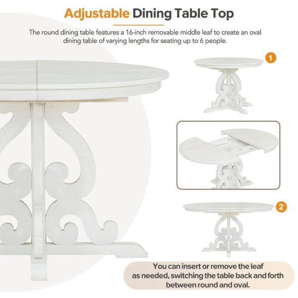 English Elm Trexm Retro 5 Piece Extendable Dining Set with Carved Legs and Linen Upholstered Chairs Antique White ST000114AAK