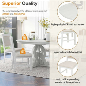 English Elm Trexm Retro 5 Piece Extendable Dining Set with Carved Legs and Linen Upholstered Chairs Antique White ST000114AAK