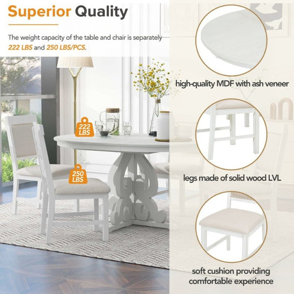 English Elm Trexm Retro 5 Piece Extendable Dining Set with Carved Legs and Linen Upholstered Chairs Antique White ST000114AAK