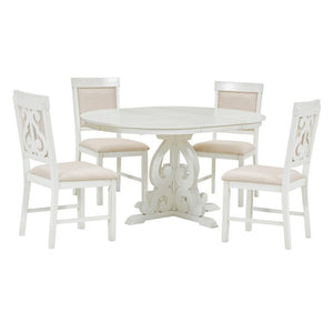 English Elm Trexm Retro 5 Piece Extendable Dining Set with Carved Legs and Linen Upholstered Chairs Antique White ST000114AAK