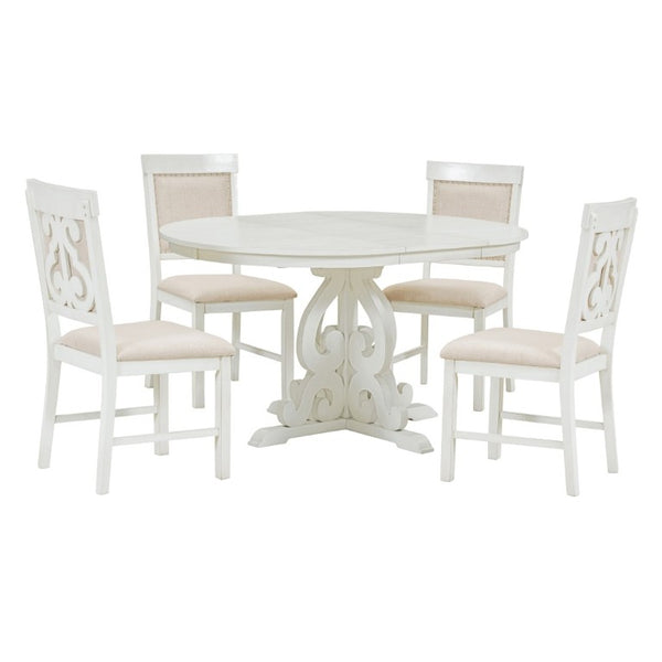 English Elm Trexm Retro 5 Piece Extendable Dining Set with Carved Legs and Linen Upholstered Chairs Antique White ST000114AAK