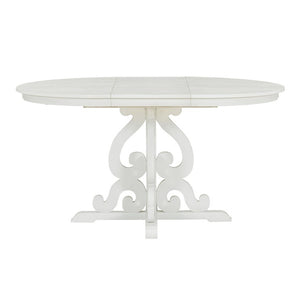 English Elm Trexm Retro 5 Piece Extendable Dining Set with Carved Legs and Linen Upholstered Chairs Antique White ST000114AAK