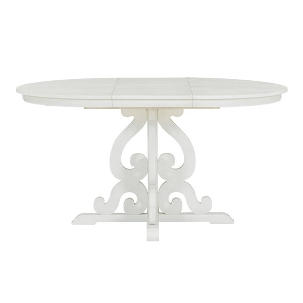 English Elm Trexm Retro 5 Piece Extendable Dining Set with Carved Legs and Linen Upholstered Chairs Antique White ST000114AAK