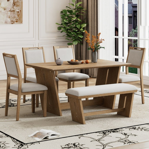 English Elm Trexm Six Piece Retro Dining Set Rubberwood Trestle Table Four Chairs Bench Seats Natural Wood Wash ST000127AAD