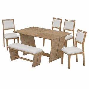 English Elm Trexm Six Piece Retro Dining Set Rubberwood Trestle Table Four Chairs Bench Seats Natural Wood Wash ST000127AAD