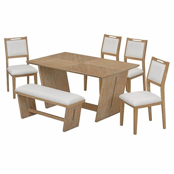 English Elm Trexm Six Piece Retro Dining Set Rubberwood Trestle Table Four Chairs Bench Seats Natural Wood Wash ST000127AAD