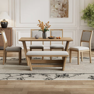 English Elm Trexm Six Piece Retro Dining Set Rubberwood Trestle Table Four Chairs Bench Seats Natural Wood Wash ST000127AAD
