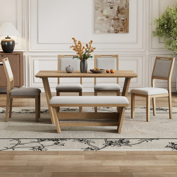 English Elm Trexm Six Piece Retro Dining Set Rubberwood Trestle Table Four Chairs Bench Seats Natural Wood Wash ST000127AAD