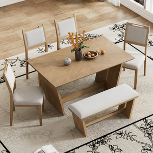 English Elm Trexm Six Piece Retro Dining Set Rubberwood Trestle Table Four Chairs Bench Seats Natural Wood Wash ST000127AAD