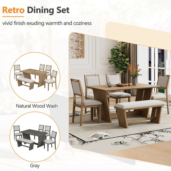 English Elm Trexm Six Piece Retro Dining Set Rubberwood Trestle Table Four Chairs Bench Seats Natural Wood Wash ST000127AAD