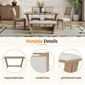 English Elm Trexm Six Piece Retro Dining Set Rubberwood Trestle Table Four Chairs Bench Seats Natural Wood Wash ST000127AAD