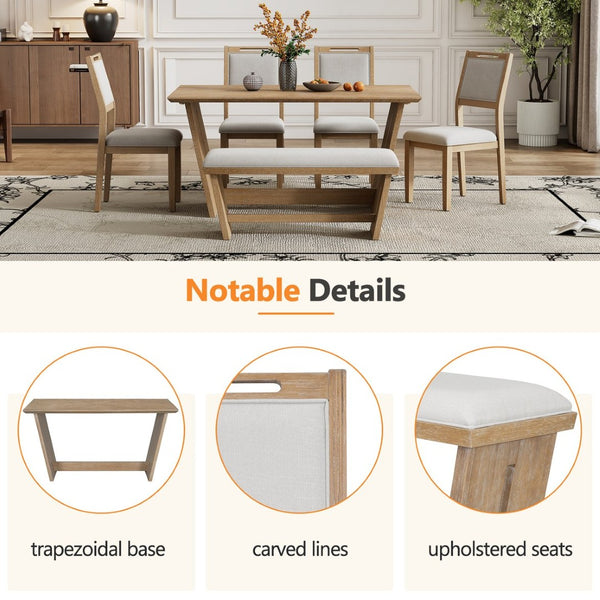 English Elm Trexm Six Piece Retro Dining Set Rubberwood Trestle Table Four Chairs Bench Seats Natural Wood Wash ST000127AAD
