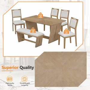English Elm Trexm Six Piece Retro Dining Set Rubberwood Trestle Table Four Chairs Bench Seats Natural Wood Wash ST000127AAD
