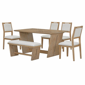 English Elm Trexm Six Piece Retro Dining Set Rubberwood Trestle Table Four Chairs Bench Seats Natural Wood Wash ST000127AAD