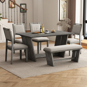 English Elm Trexm Six Piece Retro Dining Set Rubberwood Trestle Table Four Chairs Bench Seats Gray ST000127AAE