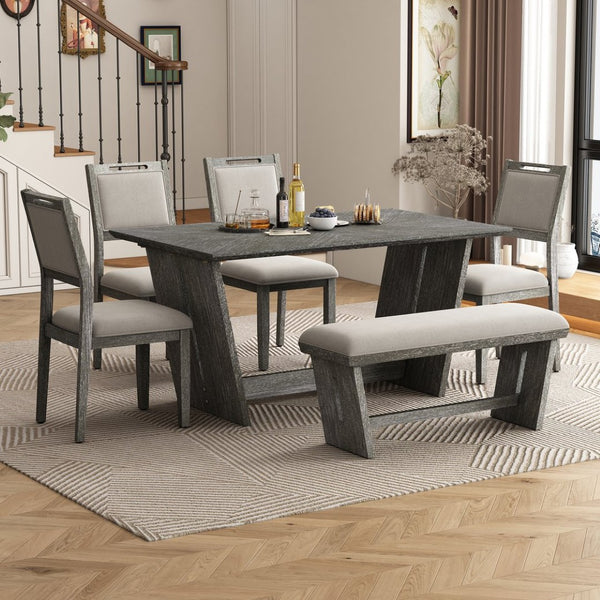 English Elm Trexm Six Piece Retro Dining Set Rubberwood Trestle Table Four Chairs Bench Seats Gray ST000127AAE