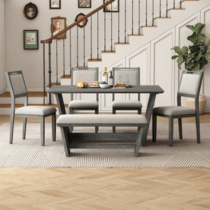 English Elm Trexm Six Piece Retro Dining Set Rubberwood Trestle Table Four Chairs Bench Seats Gray ST000127AAE