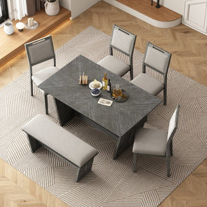 English Elm Trexm Six Piece Retro Dining Set Rubberwood Trestle Table Four Chairs Bench Seats Gray ST000127AAE