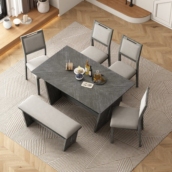English Elm Trexm Six Piece Retro Dining Set Rubberwood Trestle Table Four Chairs Bench Seats Gray ST000127AAE