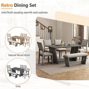 English Elm Trexm Six Piece Retro Dining Set Rubberwood Trestle Table Four Chairs Bench Seats Gray ST000127AAE