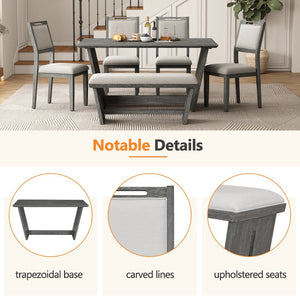 English Elm Trexm Six Piece Retro Dining Set Rubberwood Trestle Table Four Chairs Bench Seats Gray ST000127AAE