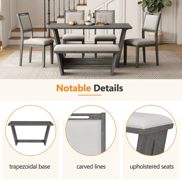 English Elm Trexm Six Piece Retro Dining Set Rubberwood Trestle Table Four Chairs Bench Seats Gray ST000127AAE