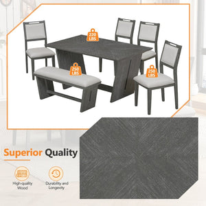 English Elm Trexm Six Piece Retro Dining Set Rubberwood Trestle Table Four Chairs Bench Seats Gray ST000127AAE