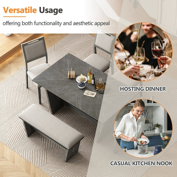 English Elm Trexm Six Piece Retro Dining Set Rubberwood Trestle Table Four Chairs Bench Seats Gray ST000127AAE