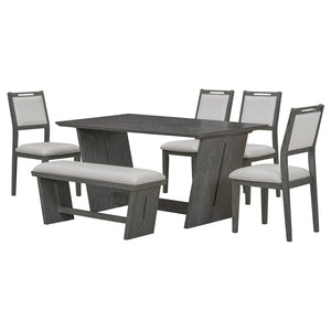 English Elm Trexm Six Piece Retro Dining Set Rubberwood Trestle Table Four Chairs Bench Seats Gray ST000127AAE