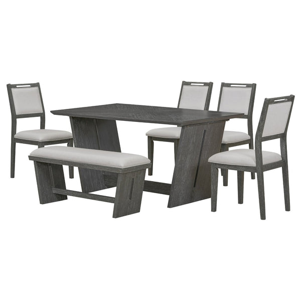 English Elm Trexm Six Piece Retro Dining Set Rubberwood Trestle Table Four Chairs Bench Seats Gray ST000127AAE