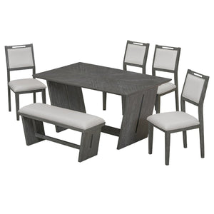 English Elm Trexm Six Piece Retro Dining Set Rubberwood Trestle Table Four Chairs Bench Seats Gray ST000127AAE
