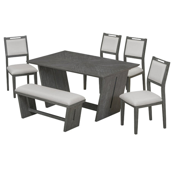 English Elm Trexm Six Piece Retro Dining Set Rubberwood Trestle Table Four Chairs Bench Seats Gray ST000127AAE