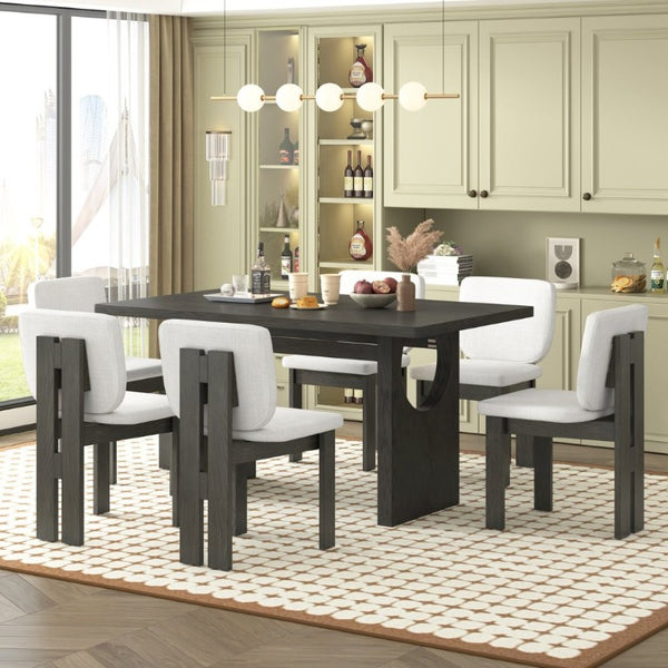 English Elm Trexm Retro Farmhouse 7 Piece Dining Set Ash Veneer Trestle Table Six Upholstered Chairs ST000133AAE-2026