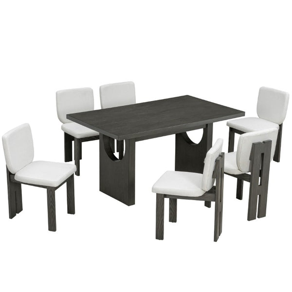English Elm Trexm Retro Farmhouse 7 Piece Dining Set Ash Veneer Trestle Table Six Upholstered Chairs ST000133AAE-2026