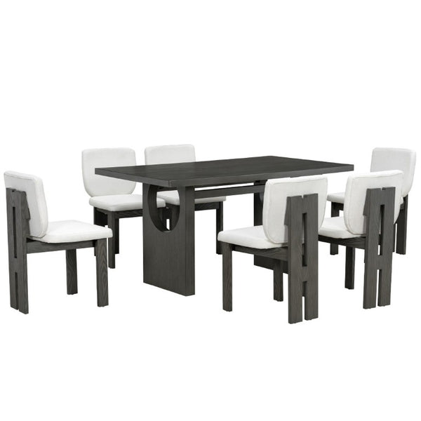 English Elm Trexm Retro Farmhouse 7 Piece Dining Set Ash Veneer Trestle Table Six Upholstered Chairs ST000133AAE-2026
