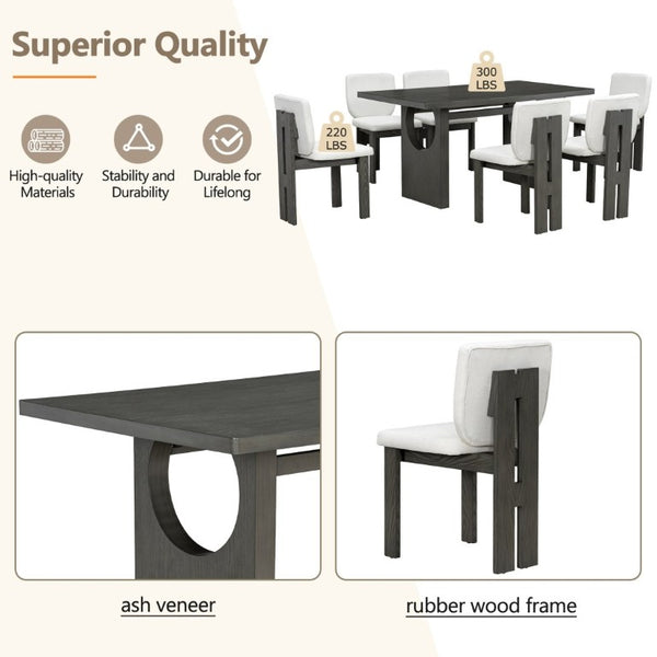 English Elm Trexm Retro Farmhouse 7 Piece Dining Set Ash Veneer Trestle Table Six Upholstered Chairs ST000133AAE-2026