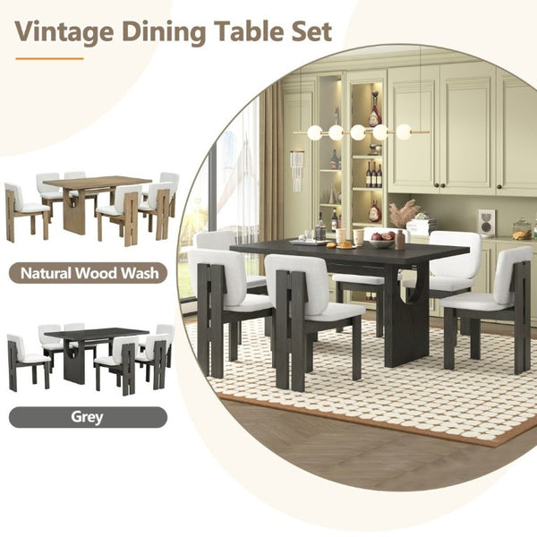 English Elm Trexm Retro Farmhouse 7 Piece Dining Set Ash Veneer Trestle Table Six Upholstered Chairs ST000133AAE-2026