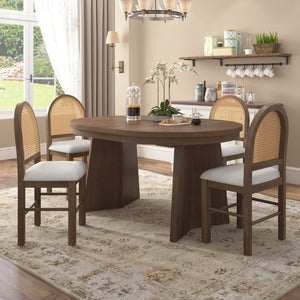 English Elm Trexm Retro Round Extendable Dining Set Oak Veneer Table with Rattan Back Chairs Beige/Walnut ST000140AAD