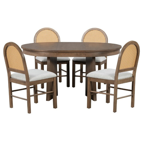 English Elm Trexm Retro Round Extendable Dining Set Oak Veneer Table with Rattan Back Chairs Beige/Walnut ST000140AAD