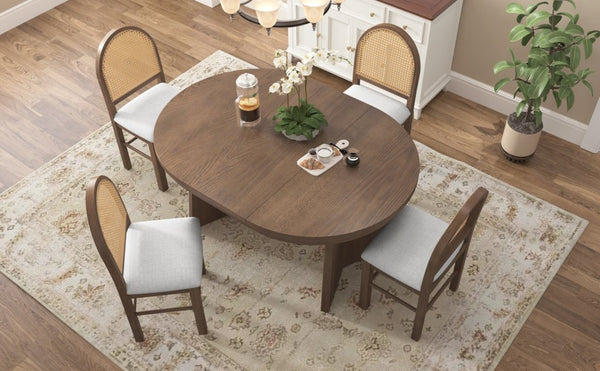 English Elm Trexm Retro Round Extendable Dining Set Oak Veneer Table with Rattan Back Chairs Beige/Walnut ST000140AAD