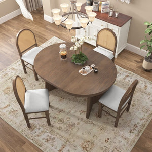 English Elm Trexm Retro Round Extendable Dining Set Oak Veneer Table with Rattan Back Chairs Beige/Walnut ST000140AAD